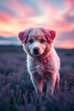 A surreal pink dog with a velvety coat that almost glows with a soft, rosy luminescence, standing in an otherworldly meadow where the grass shimmers in shades of lavender and teal. The dog’s fur is a blend of pastel pinks, with subtle hints of peach and coral, giving it an almost dreamlike appearance. Its eyes are a striking violet, exuding a gentle, mystical aura. The background is a twilight scene, with a sky awash in swirling colors of pink, purple, and gold, as stars begin to twinkle softly