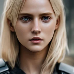 Photorealistic close-up of a beautiful blonde warrior with dystopian clothes and background