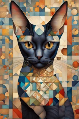 {A Siamese cat patchwork portrait by Klimt, Jennifer_lommers, Mondrian, van_Gogh, catrin_welz-stein, sachin_teng} [3d, hyperdetailed, intricate details, beautiful, polished finish] pop art, triadic colors, 8k, golden ratio, symmetrical, rule of thirds, geometric bauhaus