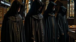 black robe hooded monks in the chapel