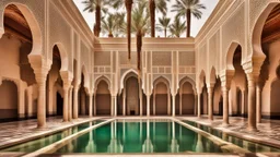 a pool surrounded by arches and palm trees, arabic architecture, moorish architecture, moroccan mosque, islamic architecture, a pool inside the giant palace, ornate palace made of green, morocco, fountains and arches, stunning grand architecture, mediterranean architecture, moroccan city, marrakech, ornate retreat, futuristic palace, architectural digest photo, gorgeous buildings, stunning architecture, ornate architecture