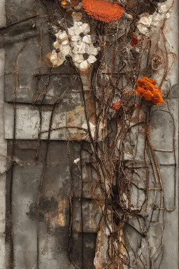 an abstract painting of rusted metal and flowers, by anselm kiefer and lucian freud, rust, scaffolding, iron cladding, decay, mixed media, textured, anatomically correct, beautiful perfect face, sharp focus, highly detailed