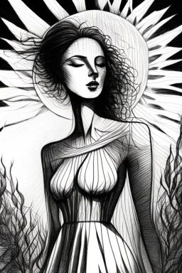 A hauntingly beautiful ink drawing of a woman in a summer dress, her face illuminated by the sun's rays.