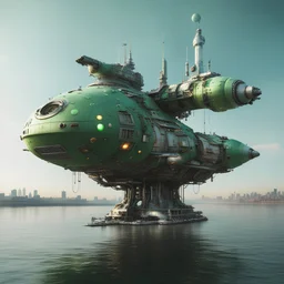 Tall vertical thin large detailed space ship floating on wide River , Daylight, antennas, exhaust ports ,very small green hull lights , stopped, , luminescent , 35 mm focal length