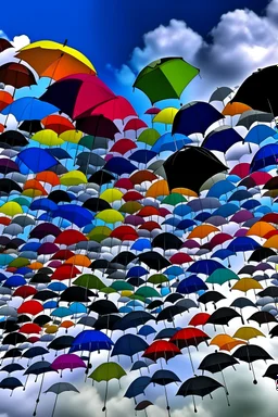 Cloudy sky. It's raining. The sky is fully filled with so many umbrellas of diverse colors.