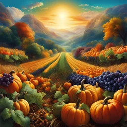 the fall harvest! Fields and orchards explode with a cornucopia of crops—pumpkins, apples, grapes, corn, and more,double exposure, collage art illustration, fantasy, vibrant, deep color, surrealism, Complex,Blended Background,comic, Leonardo da Vinci, Masakatsu Katzura, deep color, daytime Lighting, digital illustration, 4K