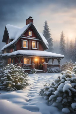 Flowers in the snow, winter season with snow and fog, Santa Claus cottage in background, dynamic light and shadow, mid-angle , intricate details, very detailed scene with intricate details, realistic, natural colors, highly detailed, perfect composition, beautiful detailed intricate image , insanely detailed 32k artistic photography, photorealistic concept art, soft natural volumetric cinematic perfect light