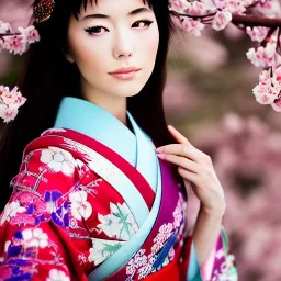 close up of stunning, gorgeous Japanese woman in traditional kimono with intricate jewels in hair, cherry blossoms, fog and mist, 8k, high-quality, fine-detail, intricate, detailed matte, digital art, soft, dreamy, brian froud, howard lyon, selina french, anna dittmann, Greg Rutowski, anne stokes, alphonse mucha