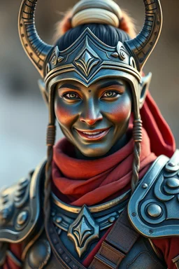 Kamala as lama thief in full armor. Close up portrait. Afraid to fail, afraid to dive within. But still smiling.