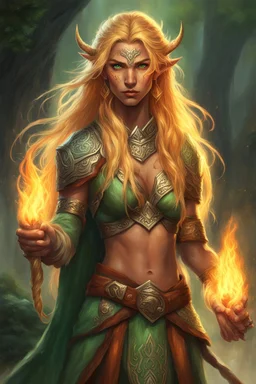 Female eladrin druid with fire abilities. Fire textured long golden hair. Tanned skin. Light green eyes. Has one big scar on the face and over the chest.