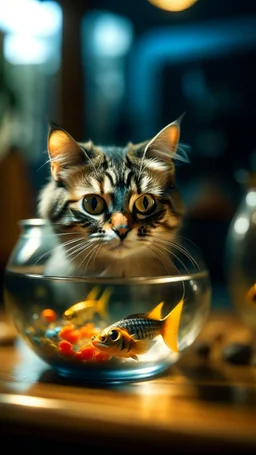 portrait of confused old cat holding a glass bowl with animated gold fishes and sharks in glass nursery having grown beaks and claws, bokeh like f/0.8, tilt-shift lens 8k, high detail, smooth render, down-light, unreal engine, prize winning