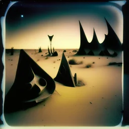 Polaroid close-up photo of odd shapes scattered over an arid wasteland, very spooky, night, intricate, Yves Tanguy, thoughtful, interesting, a bit appalling, smooth