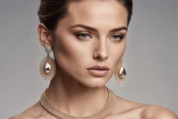 image of a woman with a necklace and earrings, by Emma Andijewska, chaumet style, bvlgari jewelry, inspired by Emma Andijewska, zoomed in, chaumet, by Zahari Zograf, by Mathias Kollros, slicked-back hair, soft portrait shot 8 k, beauty campaign, close portrait