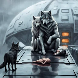 digital art front in picture an of little dark dog like creature stands and looking an anthropomorphic wolf couple sitting on the spaceship's ramp close together, the pale gray female wolf sits behind strong male wolf and puts one paw on the dark gray wolfman's shoulder, raini day, on ramp a little piece of meat lies down, high contrast, high detalied, high realistic, in background detail of an angular spaceship visible. Rain, The atmosphere is a seamless blend of sci-fi, dark fantasy