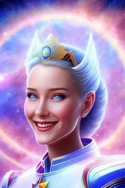 young cosmic woman smile, admiral from the future, one fine whole face, large cosmic forehead, crystalline skin, expressive blue eyes, blue hair, smiling lips, very nice smile, costume pleiadian,rainbow ufo Beautiful tall woman pleiadian Galactic commander, ship, perfect datailed golden galactic suit, high rank, long hair, hand whit five perfect detailed finger, amazing big blue eyes, smilling mouth, high drfinition lips, cosmic happiness, bright colors, blue, pink, gold, jewels, realistic