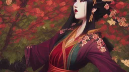 Japanese Geisha, illustration, digital art ,Vintage, Gothic, God Rays, vibrant colours, stylish ,Dark and Gorgeous art , GOD LIGHTING, Eiko Ishioka costume designer,, 32Κ, macro realistic,macro, sunbeams,beautiful, insanely detailed, cherryblossom zen garden, manga,anime,