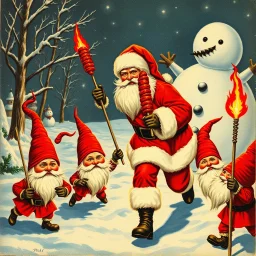 there is no kebabs at christmas, evil Santa, evil gnomes running around, staring flaming eyes, evil Rudolf, very big evil Frosty the snowman in background, kebabs and kebab, 1940 christmas postcard