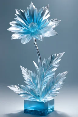Hyper-realistic sculpture ice sculpture a bright ice flower in sky blue silver background