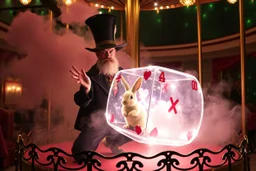 ai magic show on merrygoround presentation wow effect smoke bunnies awesome awesome yoga magician with scary hat on awake within a dream inside a circular saw blade Alice in wonderland and cards with crosses and bunny inside a big transparent dice all contained within a circle that has only green starry color on its background outside