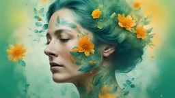 green background, 18th century, double exposure, portrait Woman 43 years old, wind, flowers, tears, plants, yellow, blue, green, orange colors, bright, drops, detailed, fine drawing, high detail, high resolution, 8K, tattoo, city, double exposure,