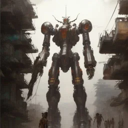 giant mecha in the favela street , close up by Greg Rutkowski, matte painting, intricate, fantasy concept art, elegant, by Stanley Artgerm Lau, WLOP, golden ratio, thomas kindkade, alphonse mucha, loish, norman Rockwell,