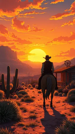 anime style, sunset, desert garden, a cowboy on his bourse , cinematic view