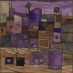 A dark purple landfill covered in poisonous muck painted by Paul Klee