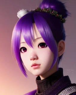 Detailed cute anime Kunoichi Christmas girl, purple hair buns, purple bangs, Christmas colours, intricate details, full body portrait, keep head in frame, slight smile, black Japanese motif, concept art, highly detailed, digital painting, concept art, sharp focus, illustration, art by Yoji Shinkawa, WLOP and greg rutkowski and alphonse mucha and artgerm and yanjun Chen and Junji ito and Makoto Shinkai, HDR, octane render