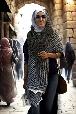 A woman wearing a keffiyeh walks in Jerusalem