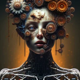 fractals in a human, an abstract painting of rusted metal and flowers, portrait, rust, scaffolding, iron cladding, decay, mixed media, textured, anatomically correct, beautiful perfect face, sharp focus, highly detailed