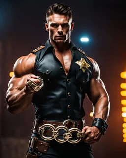 Handsome muscular sheriff holding handcuffs