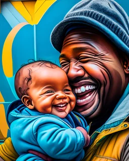 Papá feliz sonriente con su bebé mirándolo a los ojos felíz cuerpo completo colores contrastantes obra de arte arte callejero impactante detallado hiperrealista 8k coherente