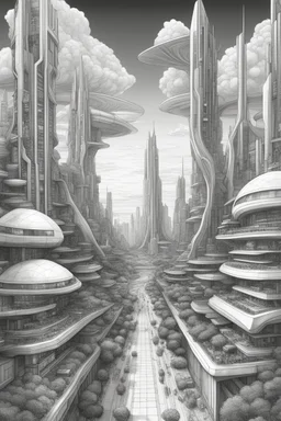 a highly detailed pencil digital drawing of beautiful organic futuristic city in harmony with nature, full screen, fine details and contours, intricate, small minutiae, tiny features, particulars, sharp photo lens, acute outlines, digitally enhanced, least ambient occlusion, sidewalk view from the pedestrian perspective, wide angle camera, volumetric lighting, volumetric clouds, uhd, 8k, vitality colors, for book cover, enscape render,