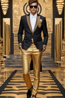 Facing front man modeling cat walk fashion show in suit adorned with a golden ornaments Klimt-inspired masterpiece.