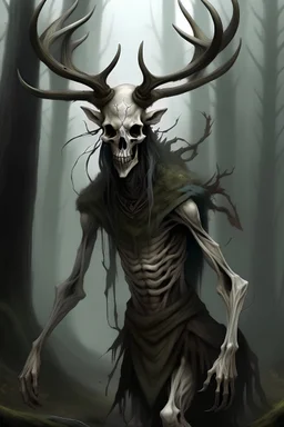 wendigo with a deer skull covering head and face and emaciated full body image