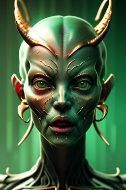 Alien Satan, delicate, large green square eyes, intricate gold markings on face, cyberpunk, powerful, horror, sharp focus, octane render, post-processing, epic composition, elegant, studio lighting, fiona staples, mandy jurgens, david finch, guillermo del toro