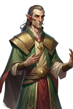 d&d high elf male in his fifties wearing medieval tunic with hands behind his back