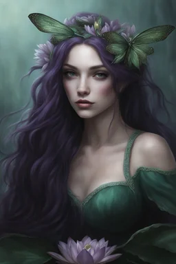 Dark green hair Water lilies long hair lotus night Fairy princess rapunzel hair queen crown dragonflies fireflies elven tiara flowers fairy wings gothic purple