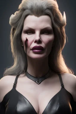 Kim Basinger as evil queen in black leather, busty, cleavage, curvy, angry, happy, stern look. character design by cory loftis, fenghua zhong, ryohei hase, ismail inceoglu and ruan jia. unreal engine 5, artistic lighting, highly detailed, photorealistic, fantasy