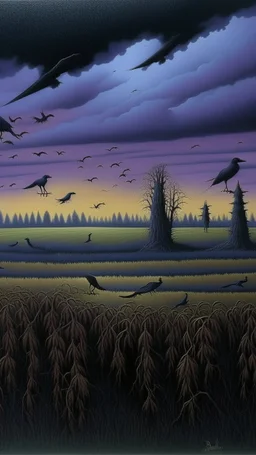A dark grayish purple haunted field with crows and a scarecrow painted by Rene Magritte