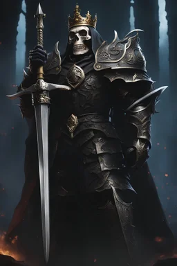 Giant skeleton king in heavy armor, with crown , overlord, swinging sword overhead