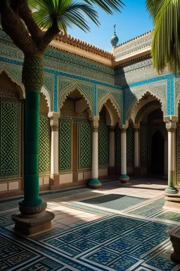 The intricate architecture of the Bahia Palace in Marrakech. Detailed, hyper realistic depiction. Elaborate tile work, carved cedar ceilings, and marble columns show off the grandeur of Moroccan architecture. A central courtyard filled with lush gardens adds a splash of green to the scene.