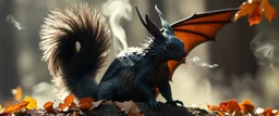 squirrel black dragon in autumn, breathing smoke