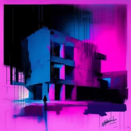 Minimal abstract oil painting of bright pink and blue. with random words. Brutalist architecture Line sketches. illuminated at night. In the style of Justin Mortimer and Phil Hale and Ashley Wood