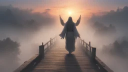 walking straight ahead over a wooden bridge, holding the angel of death with your right hand, entering the fog at the end of the road that leads to the afterlife, and a beautiful sunset and galaxy's behind the fog, realistic