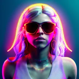 Shakira, artist, 30 years old, Realistic image, waist up portrait, etro style dress. Gucci sunglasses. Blonde, loose long hair, eyes make up, perfect, glow, circle iris. Neon colors, leds, geometric shapes. Dark background, neon lights. Cyberpunk, concept art, smooth, unreal engine 5, god lights, ray tracing, RTX, lumen lighting, ultra detail, volumetric lighting, 3d, finely drawn, high definition, 4k.