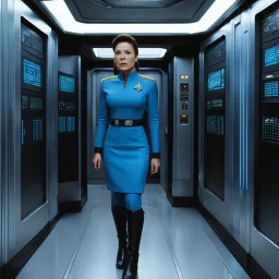 Aboard a Star Trek ship, a woman in classic short blue uniforms stand in the elevator. Her distress is palpable: she covers her ears and let out screams, her expressions filled with turmoil, her black boots ground her in the reality of the moment. The backdrop is made of TOS computer panels