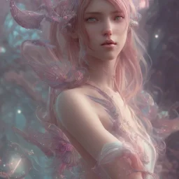 girl, fairy wings, cute, beautiful, long hair, pink hair, 8k resolution concept art portrait by Greg Rutkowski, Artgerm, WLOP, Alphonse Mucha dynamic lighting hyperdetailed intricately detailed Splash art trending on Artstation triadic colors Unreal Engine 5 volumetric lighting fairycore auroracore