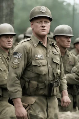 Band of Brothers, 20-year-old Michael Cudlitz as Staff Sergeant Denver "Bull" Randleman, WWII camouflage battle dress uniform, Professional quality full color photography by Ansel Adams - 4k UHD, Ultra-realistic, Hyper realistic, Photorealistic, Realistic, absolute Reality