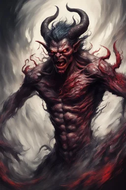 A piece of concept art depicting a male horrific demon with realistic, intricate details. The artwork should contain chaotic brush strokes reminiscent of the style commonly seen in late 20th-century concept art. Focus on a dynamic, flowing composition with high contrast and a primarily color scheme, to evoke a sense of movement and drama.